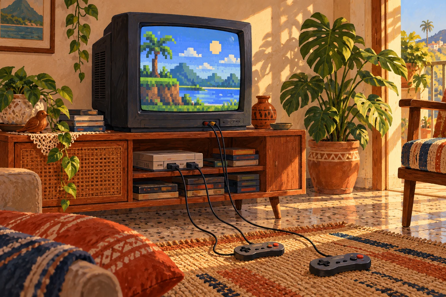 Ilustração de uma sala com televisão, controles com fio e luz da tarde